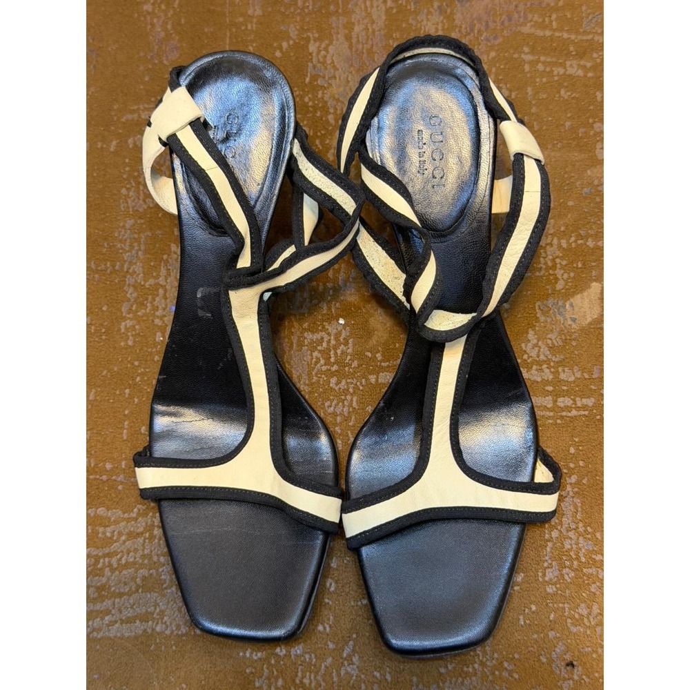 Gucci Womens Black Cream Leather Strappy Square Toe Kitten Heel Sandals 8.5B